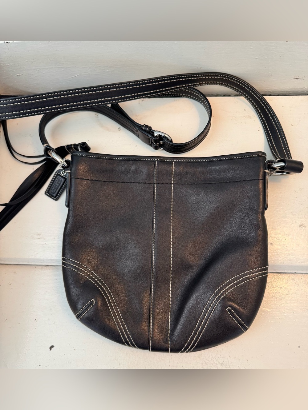 Coach Black Leather Crossbody Bag with White Stitching